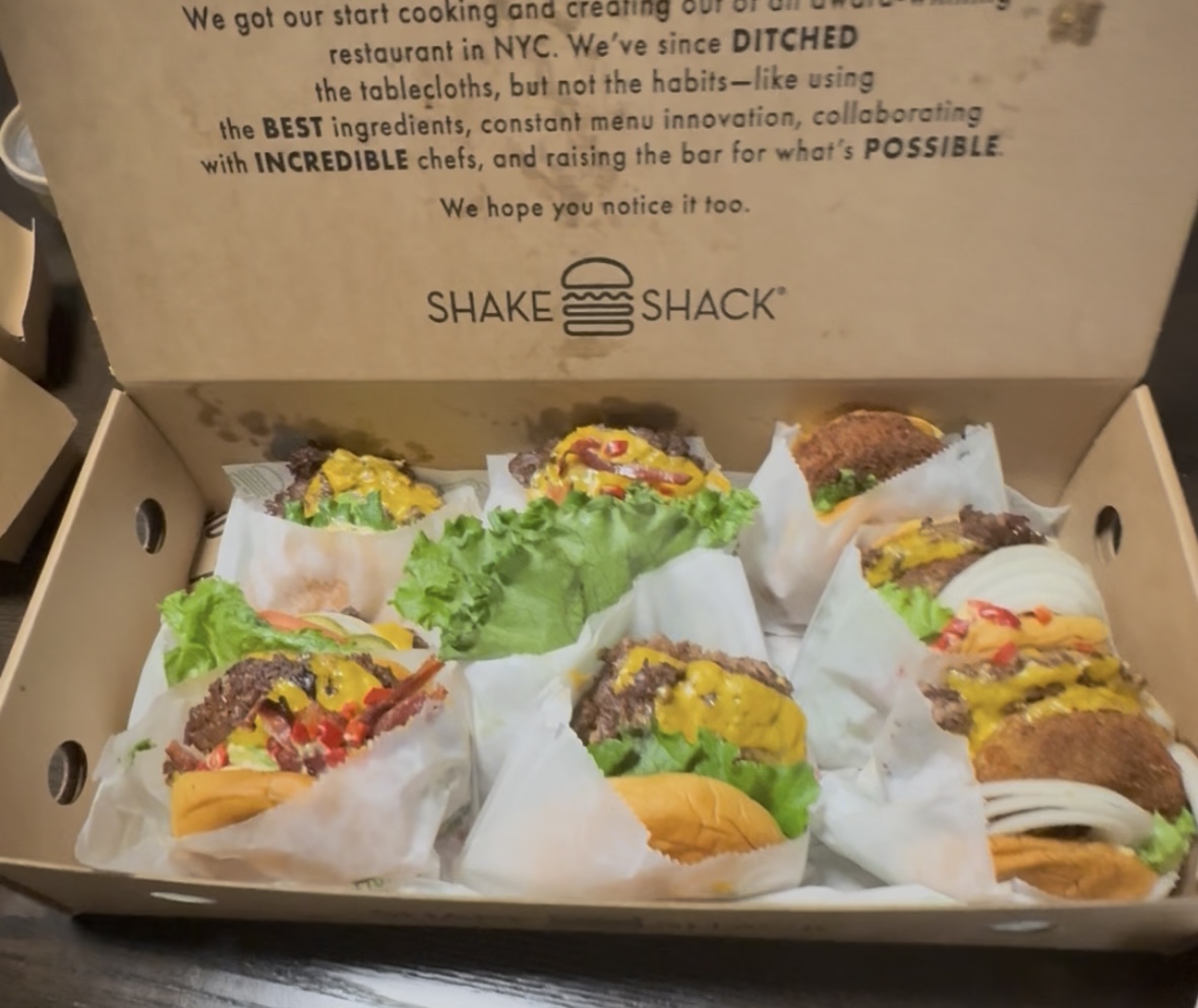 Shake Shack cheeseburgers in a box